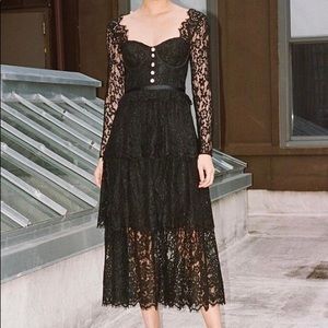NWT Self Portrait Black Fine Corded Lace Tiered Midi Dress US6